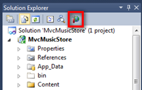 Screenshot of the Solution Explorer window with the globe and hammer icon highlighted in a red rectangle.
