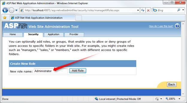 Screenshot of the configuration window showing Administrator in the New role name field and is highlighted with a red arrow.