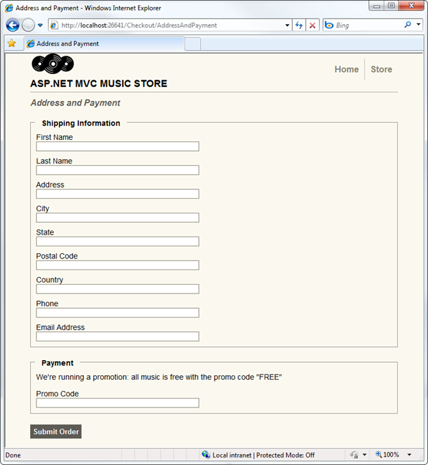 Screenshot of the Music Store window showing the address and payment view with fields to collect shipping address and payment information.