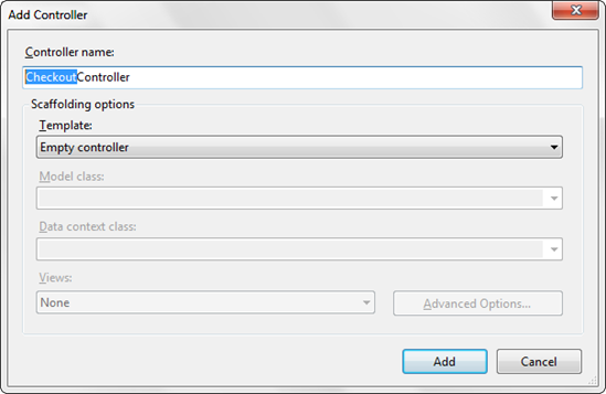 Screenshot of the Add Controller window with the Controller name field filled with the text Checkout Controller.