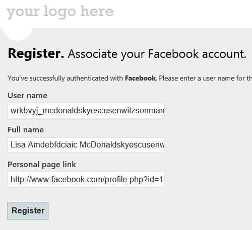 Screenshot shows where you can enter a user name and other information after associating a Facebook account with the app.