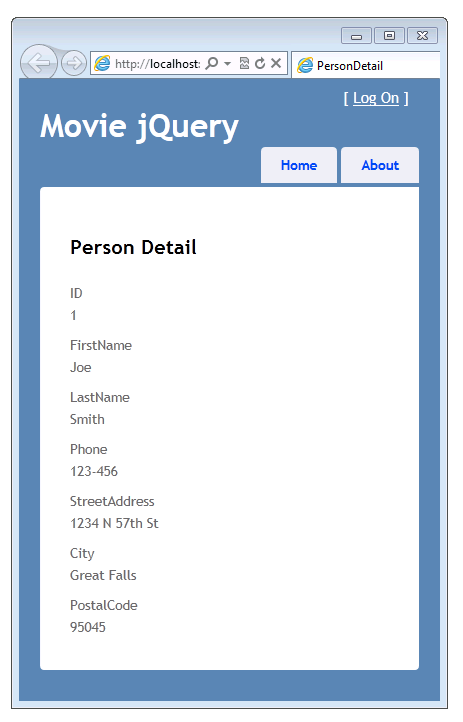 Screenshot of the Movie jQuery window showing the PersonDetail view with the new Street Address, City, and Postal Code fields.