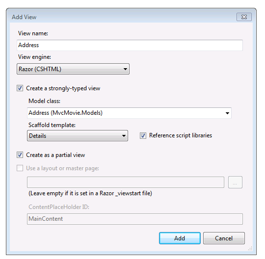 Screenshot of the Add View window with Address in the View name field and the Create a strongly-typed view and Create as a partial view boxes ticked.