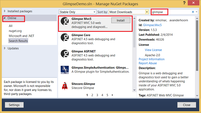install Glimpse from NuGet Dlg