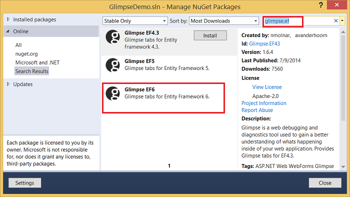 Glimpse.EF from NuGet install dlg