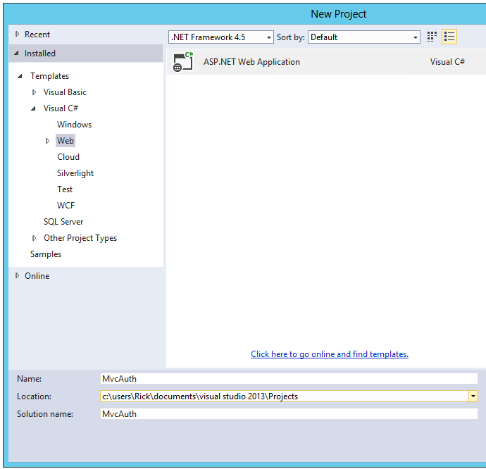 Screenshot that shows the Visual Studio New Project menu page. M v c Auth is entered on the Name text field.