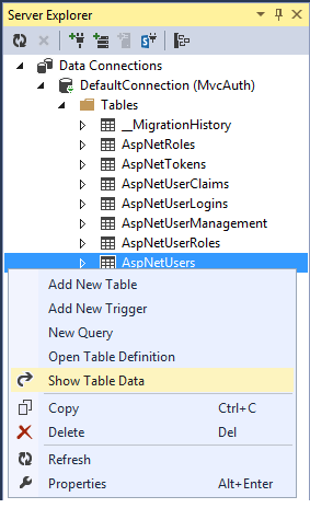 Screenshot that shows the Server Explorer menu options. The A s p Net Users and the Show Table Data options are highlighted.