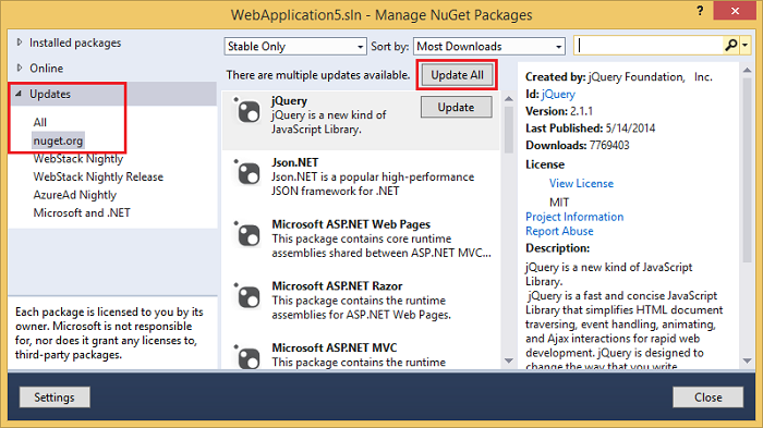 Screenshot that shows the Manage Nu GET Packages dialog box. The Updates bar and Update All button are highlighted.