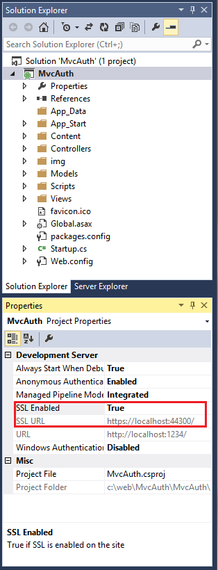 Screenshot that shows the Solution Explorer Project Properties for the M v c Auth Project. S S L Enabled True and S S L U R L are highlighted.