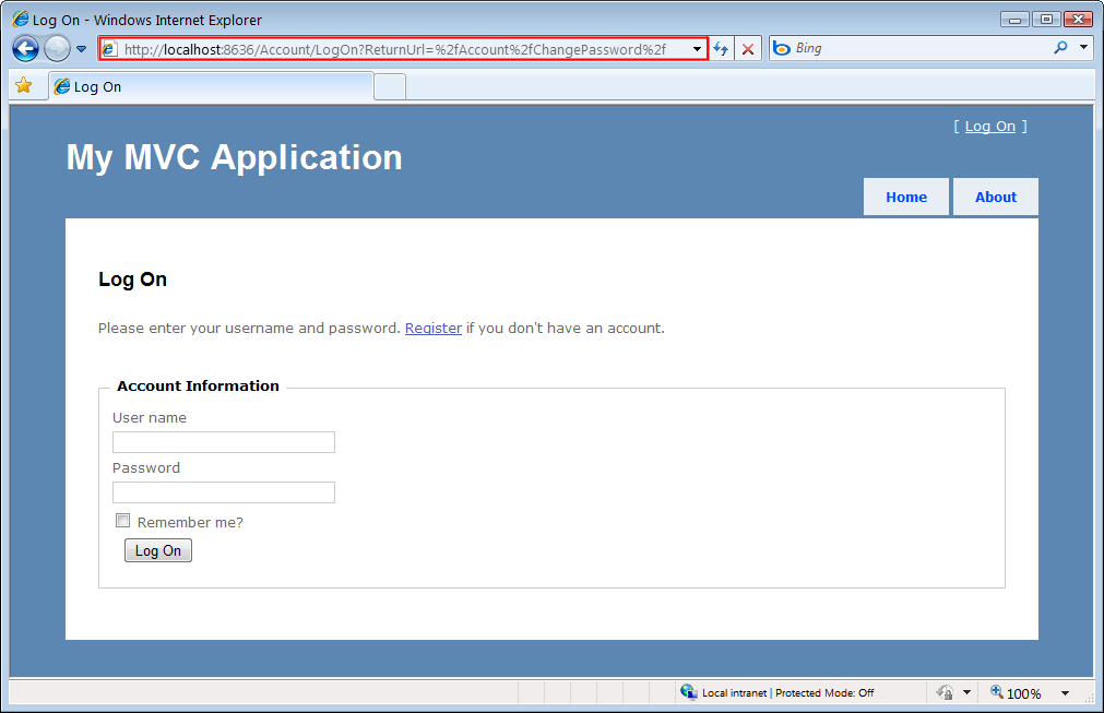 Screenshot that shows the My M V C Application Log On page. The title bar is highlighted.