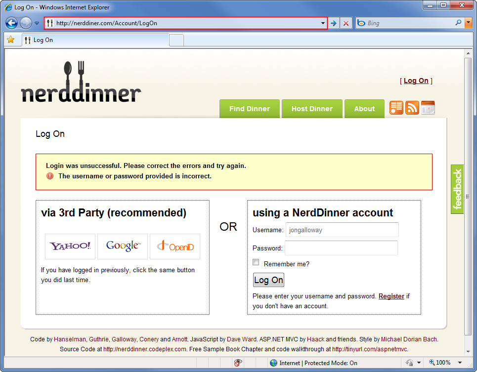 Screenshot showing the forged Nerd Dinner Log On page, prompting the user to reenter their credentials. The forged U R L in the title bar is highlighted.