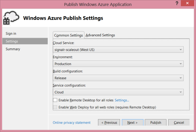 Screenshot of hte Publish Windows Azure Application screen's Settings tab, showing the Cloud Service field in the Common Settings tab.