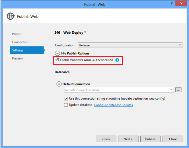 Screenshot that shows the Settings page in the Publish Web dialog box. Enable Windows Azure Authentication is checked and circled in red.