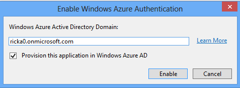 Screenshot that shows Enable Windows Azure Authentication dialog box.