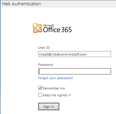 Screenshot that shows the Microsoft Office 3 6 5 Web Authentication sign in page.