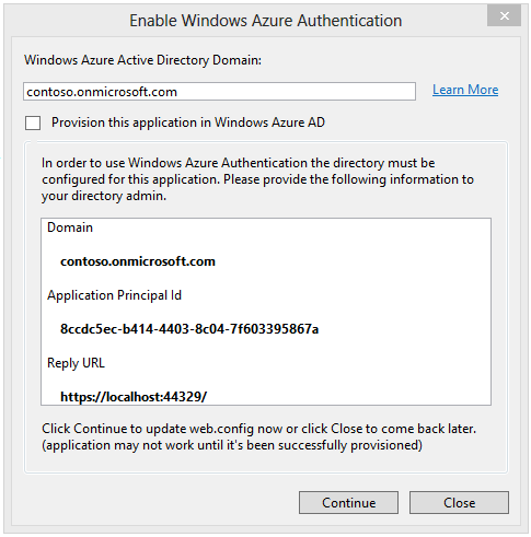 Screenshot that shows the Enable Windows Azure Authentication dialog box.