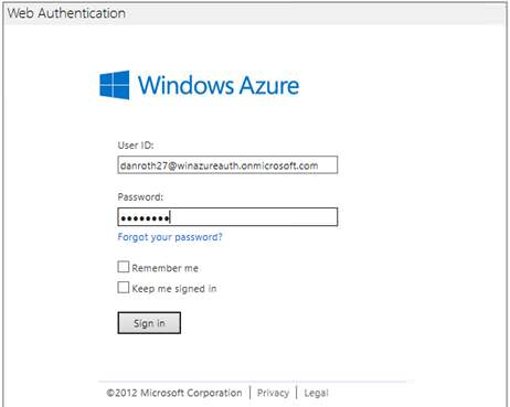 Screenshot that shows the Windows Azure Web Authentication sign in page.