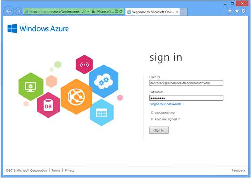 Screenshot that shows the Windows Azure log in page.