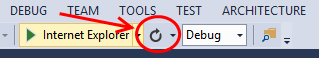 Screenshot of Visual Studio, with Refresh button outlined in red. Refresh button is a circular arrow.