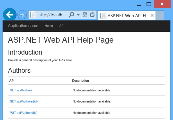 Screenshot of the auto-generated help page showing a list of links to documentation for API features.