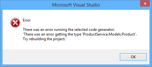 Screenshot of the Microsoft Visual Studio, displaying a red circled 'X' followed by the word 'error' and a detailed message of the error.