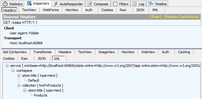 Screenshot of the web sessions list's inspector tab, displaying the Request Headers response and the X M L information.