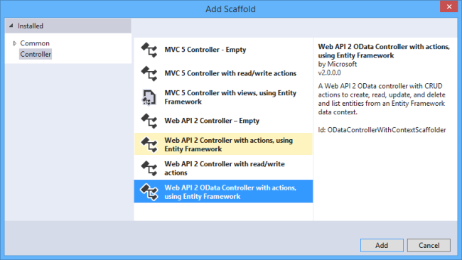 Screenshot of the 'add scaffold' screen, showing the controller options menu, and highlighting the Web A P I 2 O Data controller.
