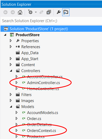Screenshot of the Solutions Explorer project view. AdminController dot c s and OrdersContext dot c s are highlighted.