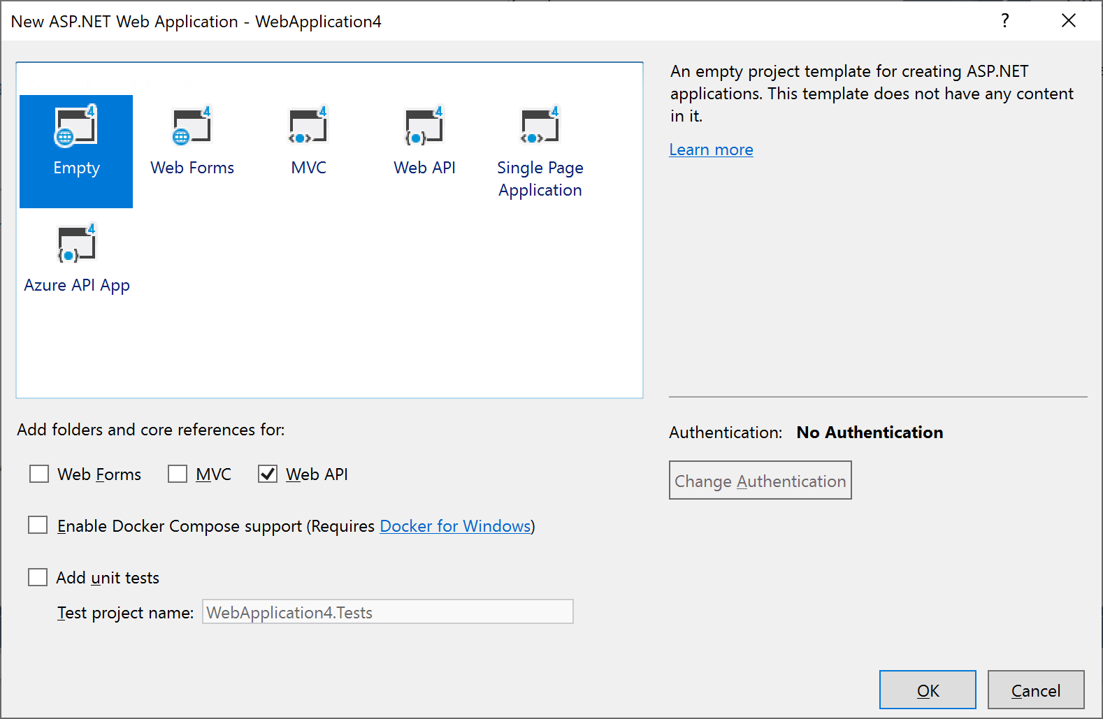 New ASP.NET project dialog in Visual Studio