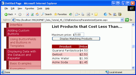 Products Less Than or Equal to $5.00 are Displayed