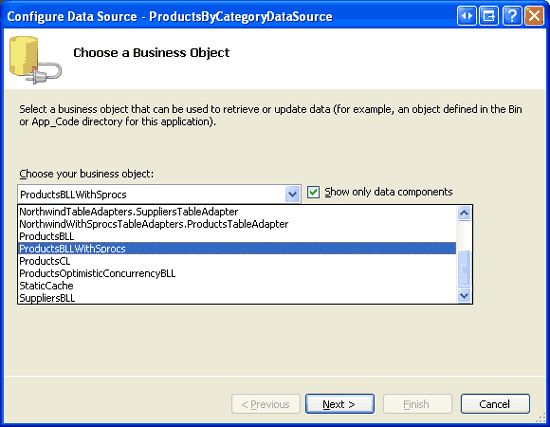 Configure the ObjectDataSource to Use the ProductsBLLWithSprocs Class