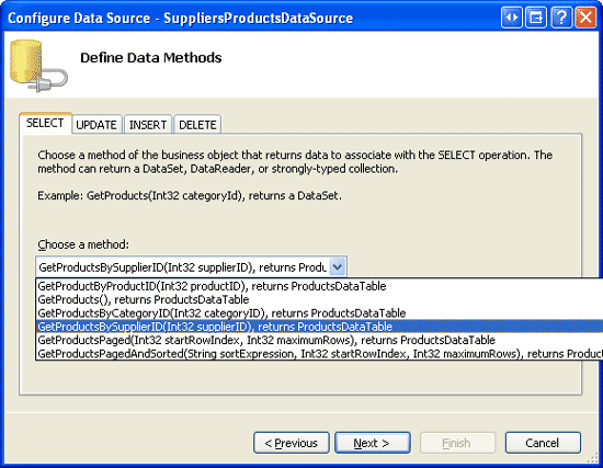 Configure the Data Source to use the ProductsBLL Class s GetProductsBySupplierID(supplierID) Method
