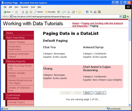 The First Page of Data is Displayed