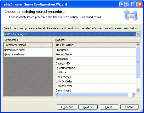 Choose the GetProductsPaged Stored Procedure from the Drop-Down List