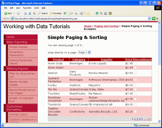 Screenshot of Working with Data Tutorials on the Simple Paging & Sorting page showing the results sorted by the Price column in ascending order.