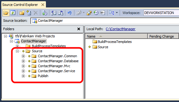 Verify that the Source Control Explorer tab displays the content you've added within the server folder structure for the team project.