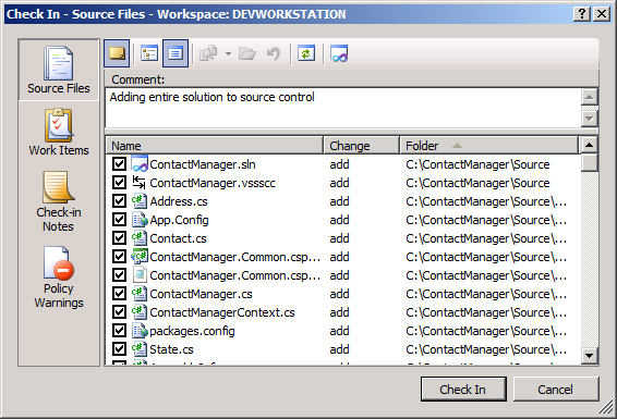 In the Check In – Source Files dialog box, type a comment, and then click Check In.