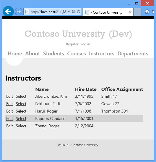 Instructors page with selection