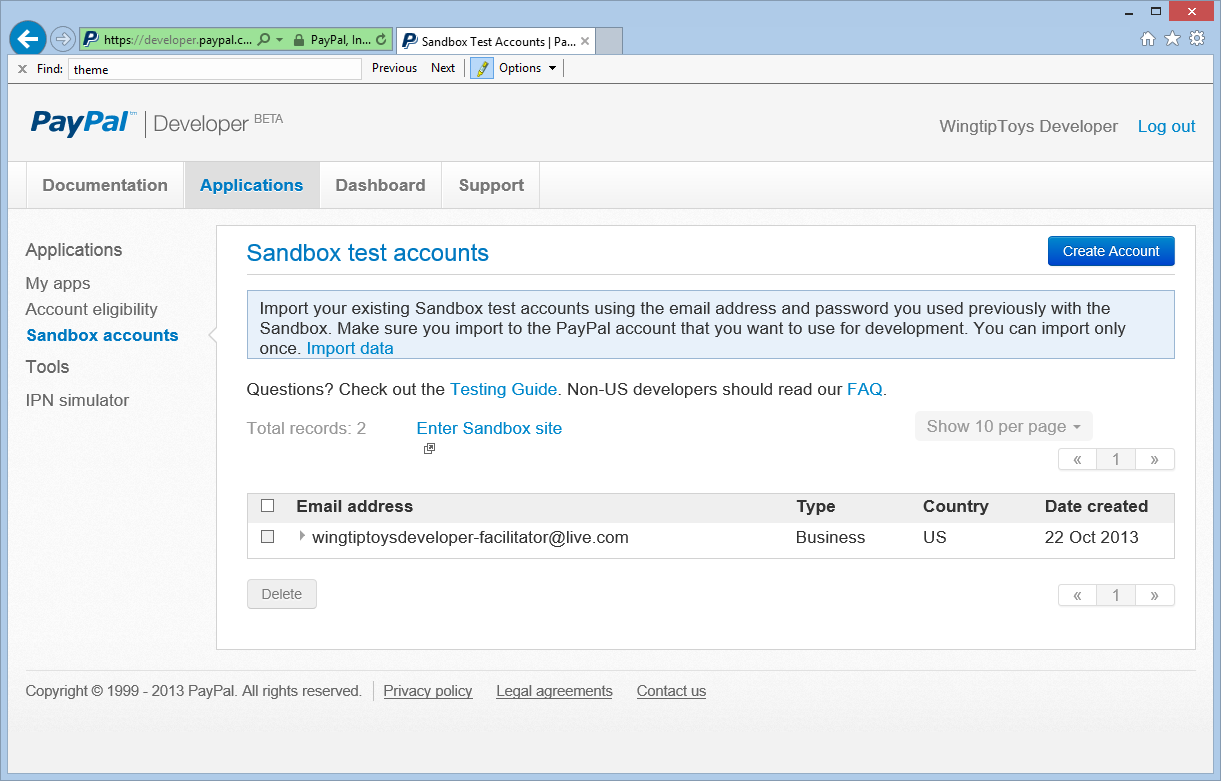 Checkout and Payment with PayPal - Sandbox test accounts