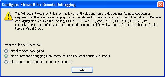 Notification that Windows Firewall is Blocking Remote Debugging