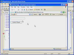 Screenshot of a video walkthrough of a cross-page postback, showing an Internet Explorer browser page displaying a Submit Report option.