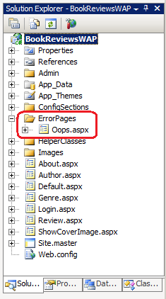 Screenshot that highlights the new ErrorPages folder and associated Oops dot a s p x file.