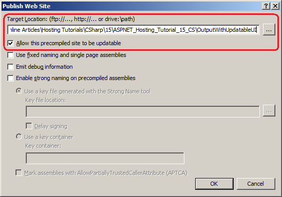 Screenshot of the Publish Web Site dialog box to specify the target location.