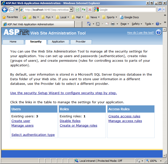 Screenshot of the A S P . N E T Website Administration tool to create and manage users and roles and access rules.
