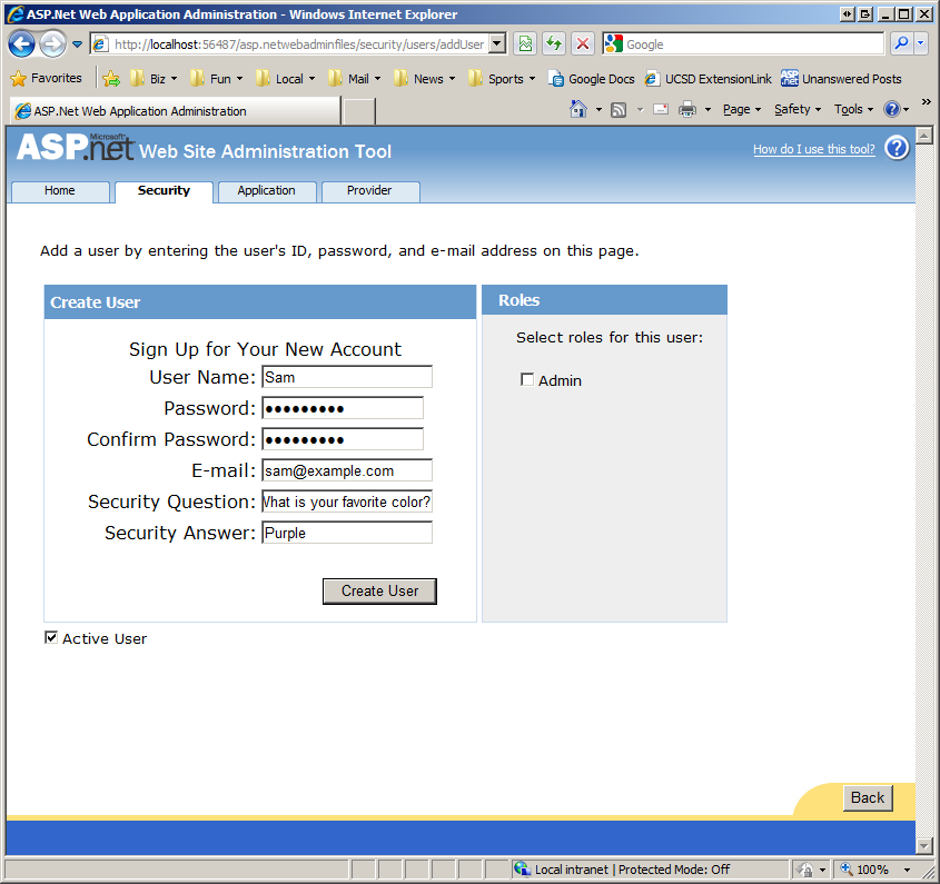Screenshot of the A S P . N E T Website Administration tool to create a new user in the production environment.