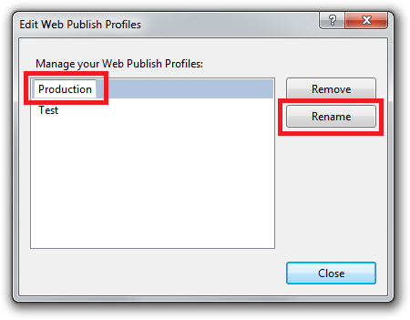 Edit Web Publish Profiles dialog box
