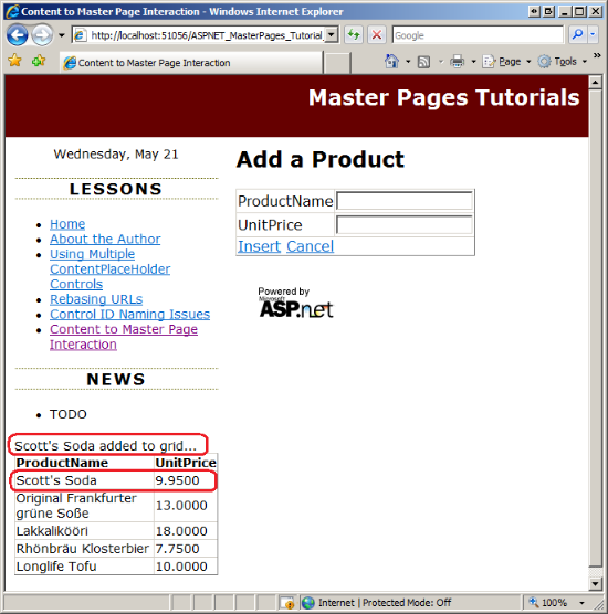 The Master Page's Label and GridView Show the Just-Added Product