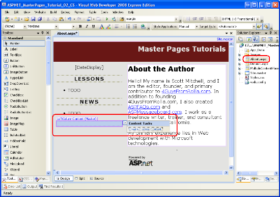 The Design View for About.aspx Shows the LeftColumnContent ContentPlaceHolder