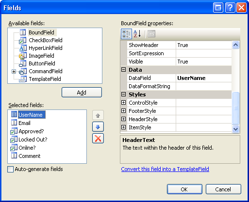 Add Three BoundFields and Three CheckBoxFields to the GridView