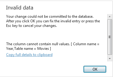 'Invalid data' error displayed if a required column value is left blank